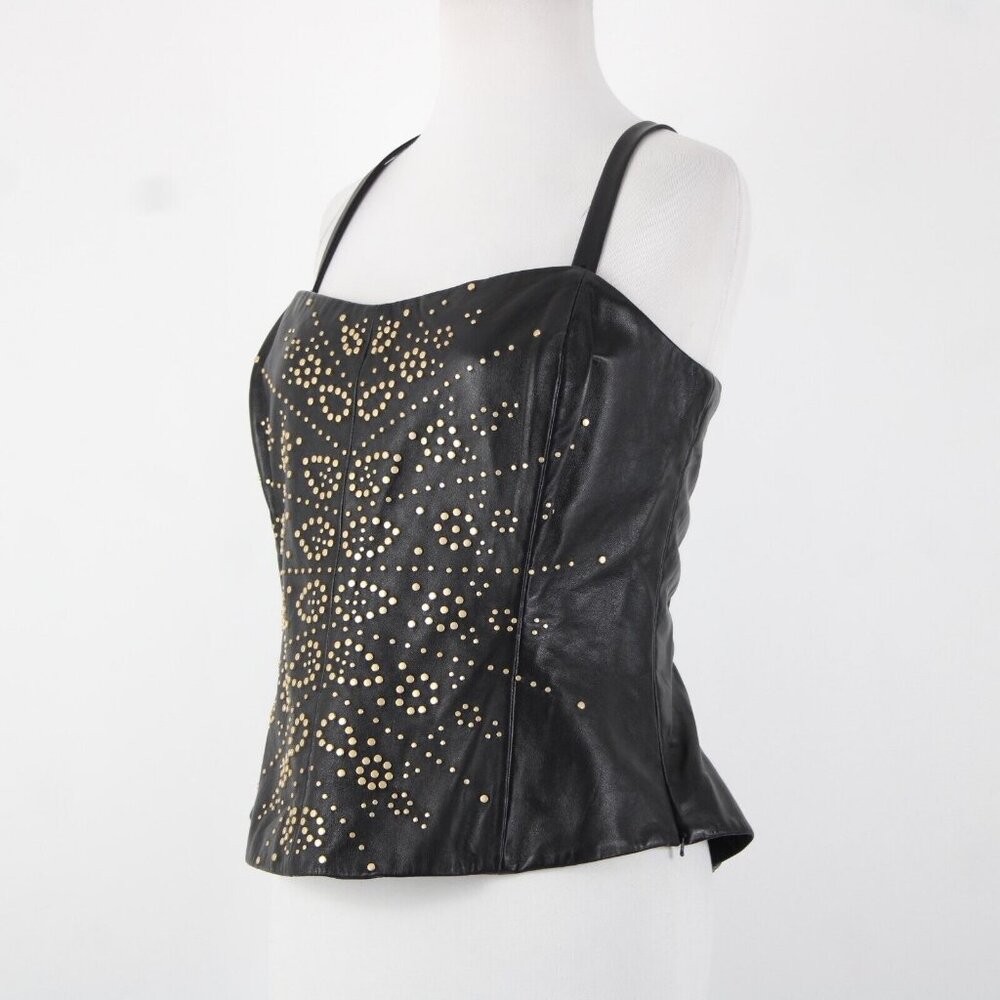 Dana Buchman Sz 12 Black Bronze Lined Studded 100% Leather Poly Lined Corset Top - Picture 15 of 16